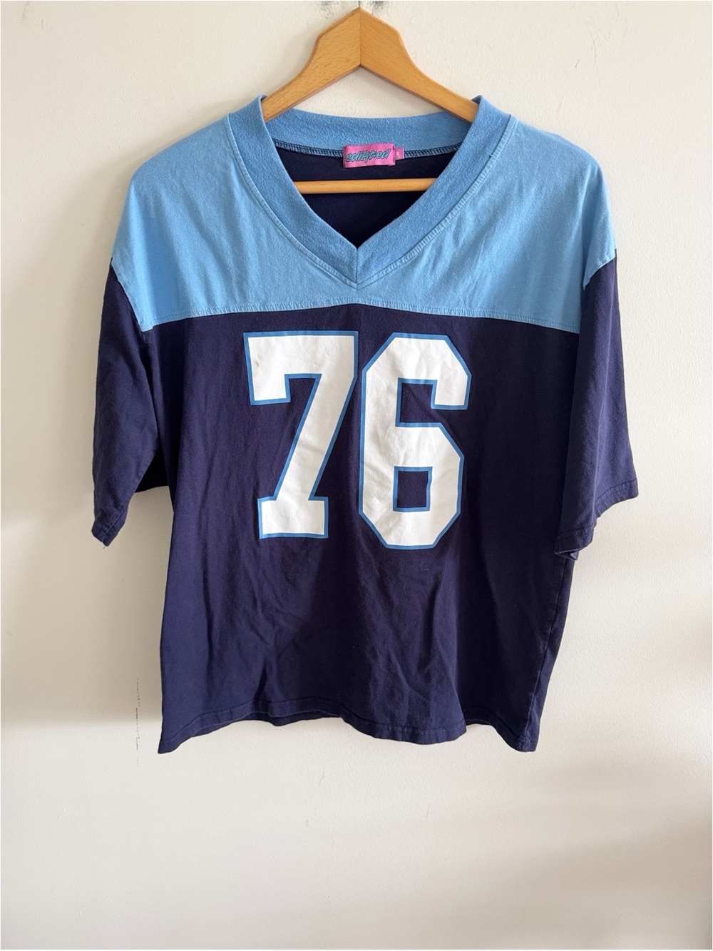 Edikted blue v-neck number jersey varsity graphic oversized tee top size M